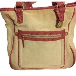 Brahmin canvas and red leather Melbourne tote bag